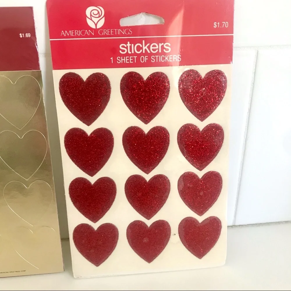 Vintage 80’s red glitter gold foil hearts stickers
